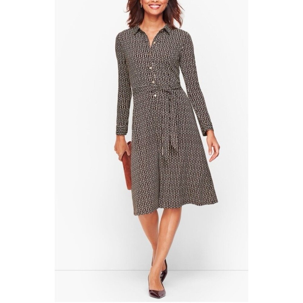 Talbots Brown Ivory Stretch Sheath Dress W Belt Washable Extra Small XS NWT $129